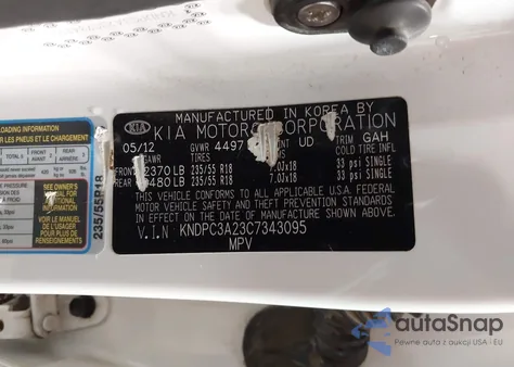 2012 Kia Sportage Ex z USA, uszkodzony, nr VIN KNDPC3A23C7343095